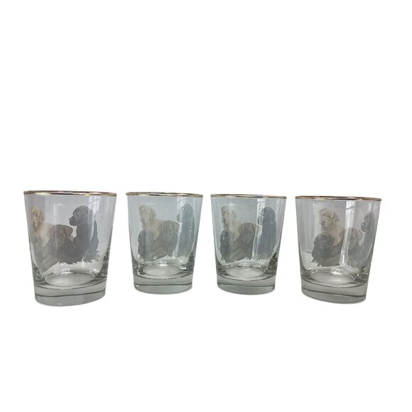 B. Brian Atwater Set Of 4-16oz. Gold Rimmmed Highball Whiskey Glasses Puppies - Picture 5 of 8